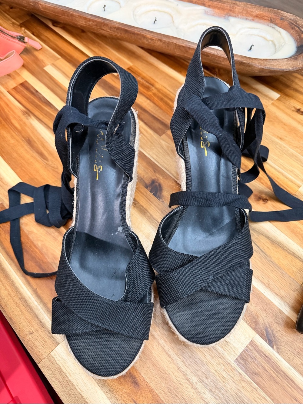 Lulu's Black Canvas Espadrille Wedge Sandals with Wrap Ties